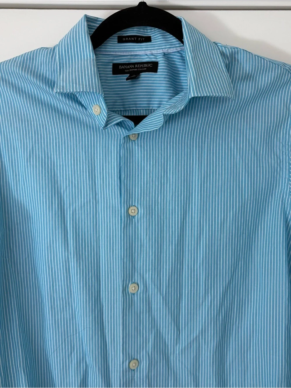 Banana Republic Men’s Blue and White Pinstripe 120s Supina Cotton Dress Shirt